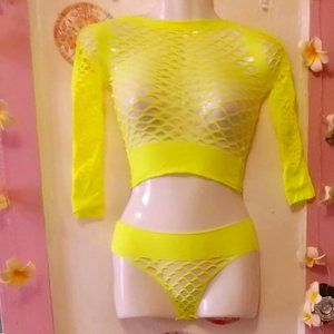 Neon Yellow (OS) Loose Mesh Lingerie Set - NWOT